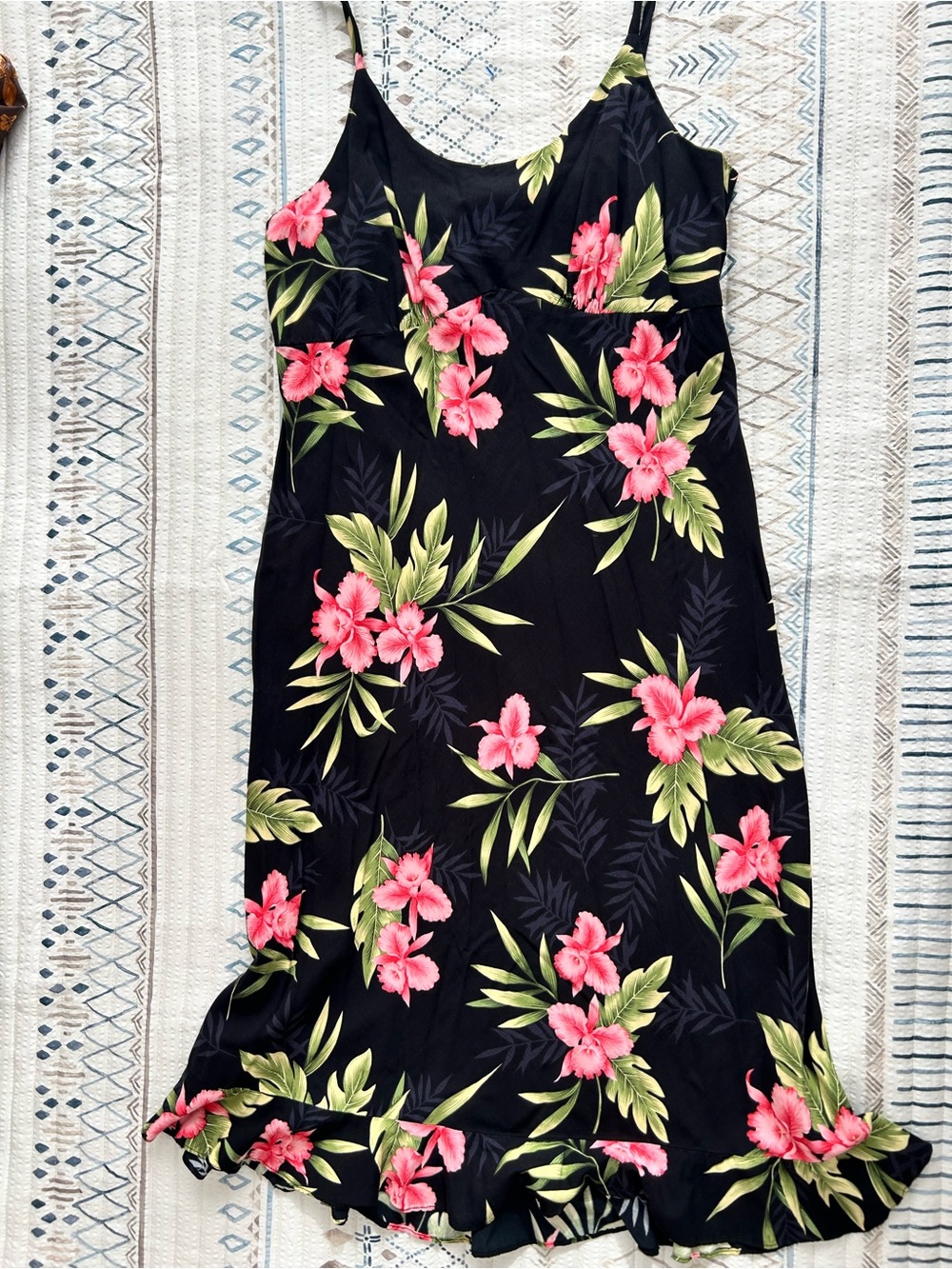 Two Palms Hawaii Orchid Fern Spaghetti Strap Mid Dress Black M
